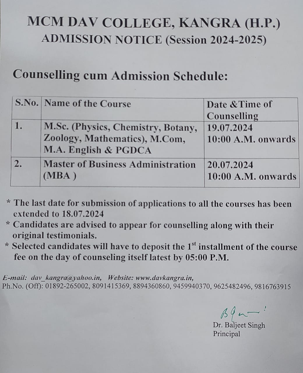 Counselling cum admission schedule for PG classes 2024-25 : MCM DAV ...